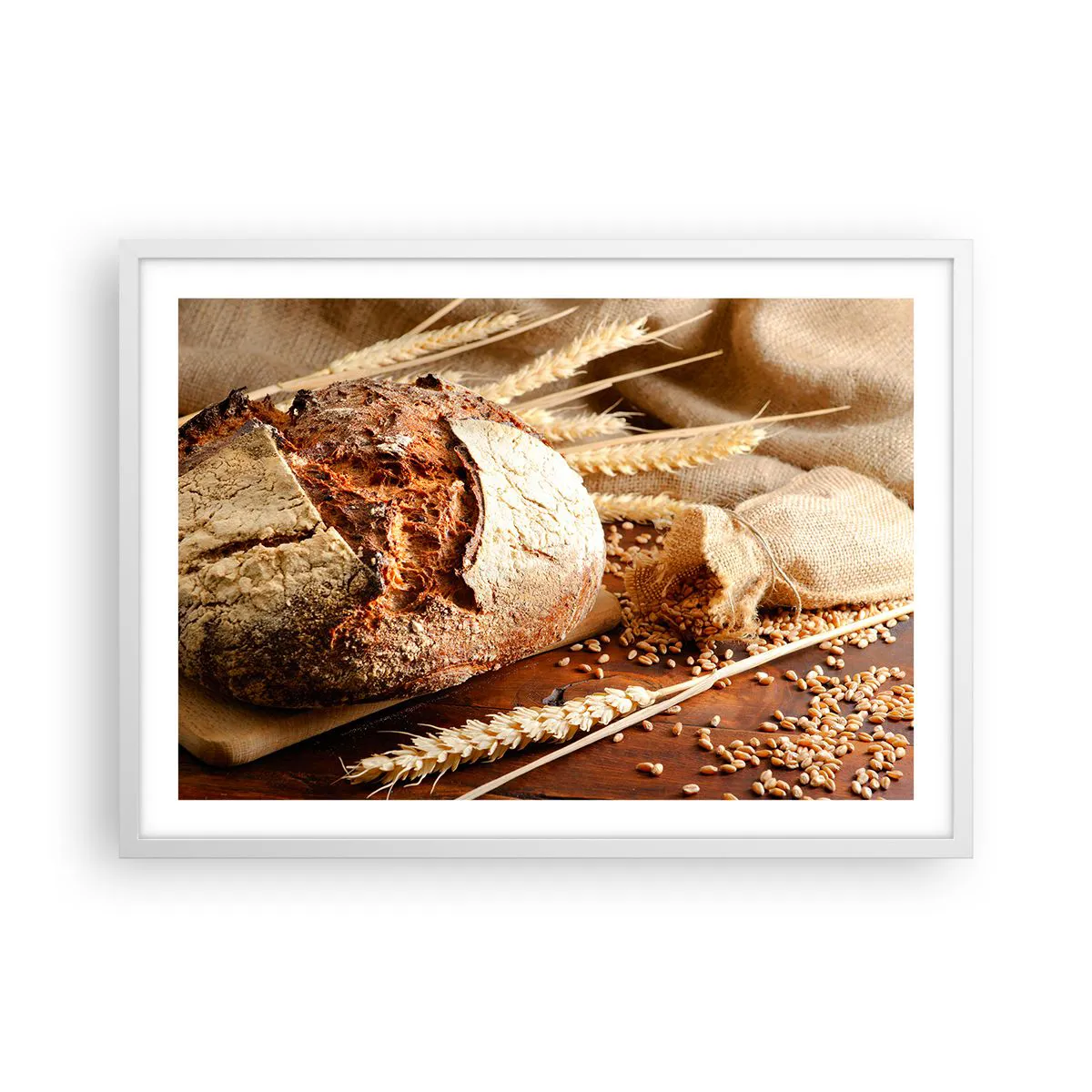 Poster in einem weißen Rahmen Arttor 70x50 cm - Appetitanregend, duftend, knackig - Brot, Weizenkörner, Gastronomie, Müsli, Brot, Ins Wohnzimmer, Für Schlafzimmer, Braun, Weiß, Horizontal, P2WAA70x50-2246