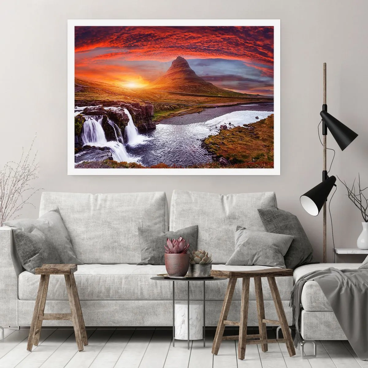 Poster - Berglandschaft mit Wasserfall bei Sonnenuntergang - 100x70cm - Ein Blick auf Mittelerde - Moderne Wanddekoration für Wohnzimmer und Schlafzimmer ARTTOR