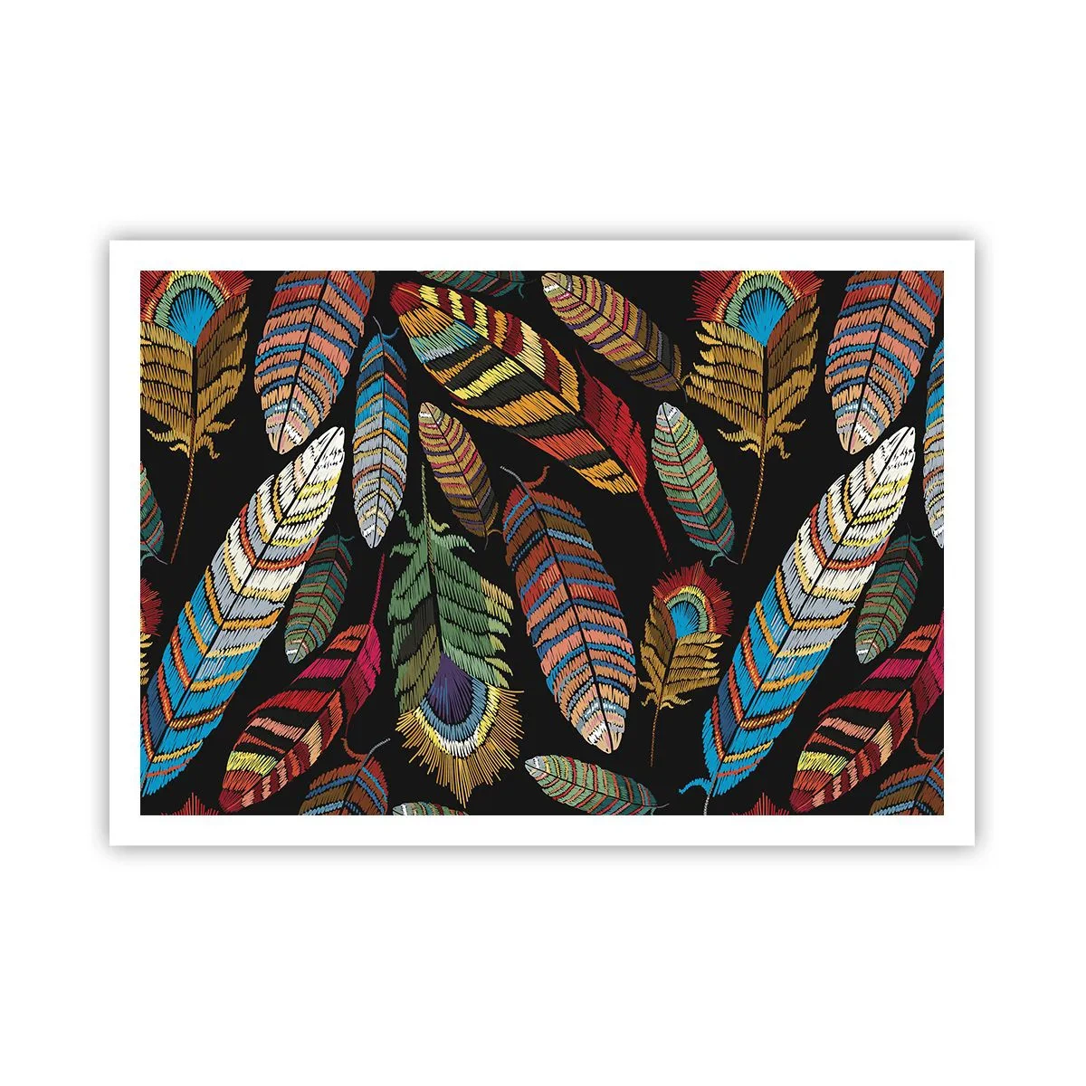 Poster - Bunte Federn auf schwarzem Hintergrund - 100x70cm - Der Vogelkarneval - Moderne Wanddekoration für Wohnzimmer und Schlafzimmer ARTTOR