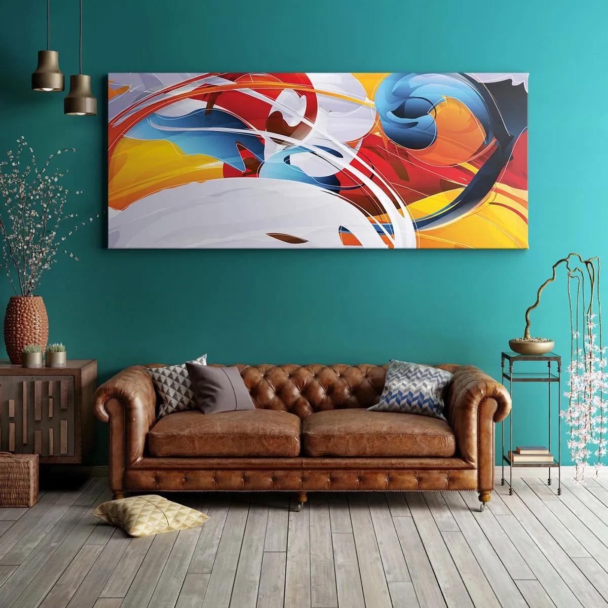 Bild auf Leinwand - Leinwandbild - Bunte Abstraktion mit dynamischen Linien und lebendigen Farben - 140x50cm - Der Tanz der Elemente - Moderne Wanddekoration für Wohnzimmer und Schlafzimmer ARTTOR