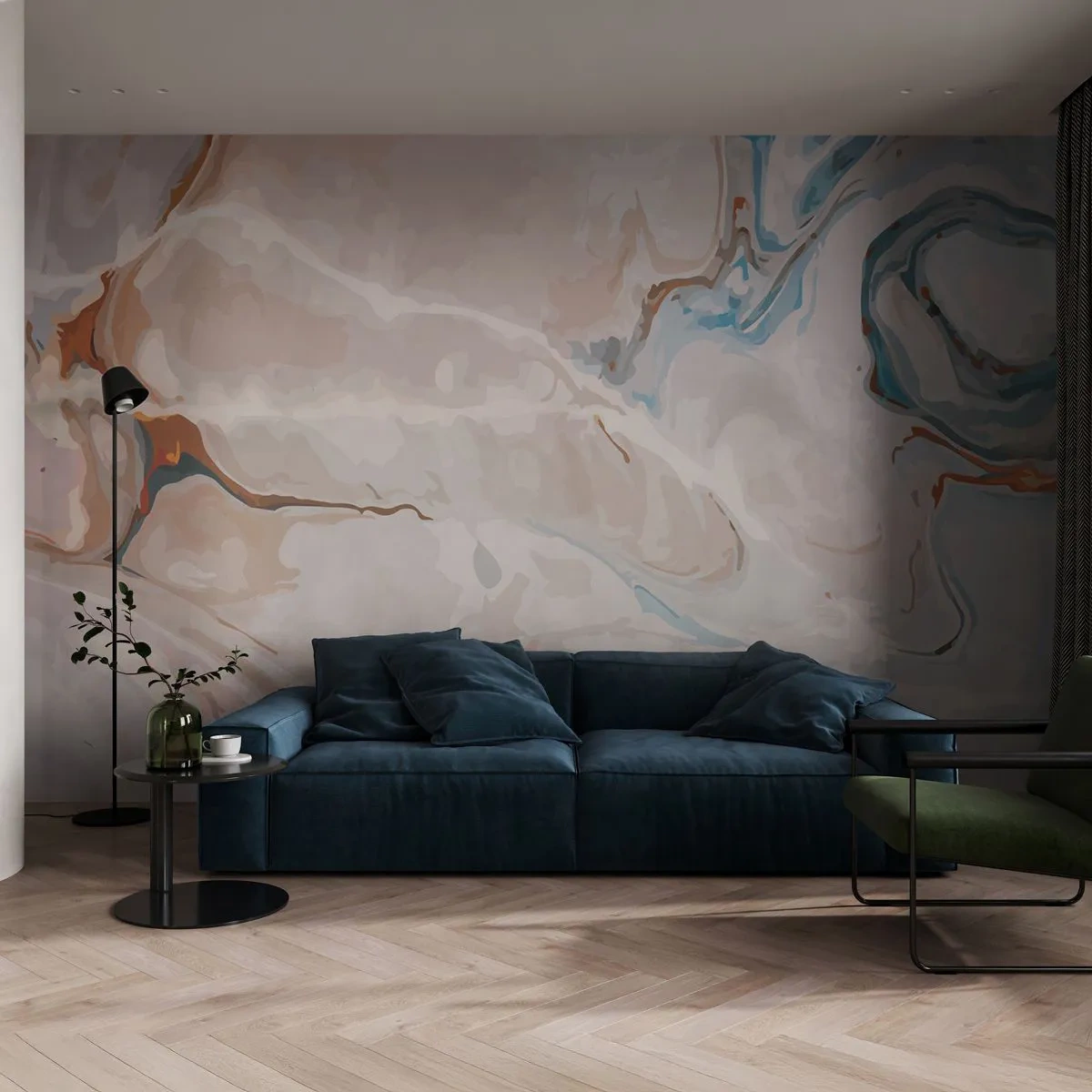 Fototapete Premium Sand - Blau schlängelt sich unter dem Weiß - Abstraktion, Stück, Modernes Muster - 300x210 cm