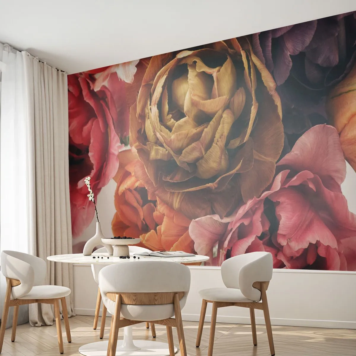 Fototapete Premium Sand - Eine Feier des Lebens - Blumenstrauß, Blumen, Pfingstrose - 500x350 cm