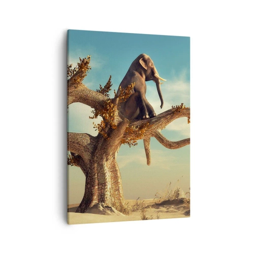 Bild auf Leinwand - Leinwandbild - Ein Elefant sitzt auf einem Baum in einer surrealen Landschaft - 50x70cm - Ein neuer Standpunkt - Moderne Wanddekoration für Wohnzimmer und Schlafzimmer ARTTOR