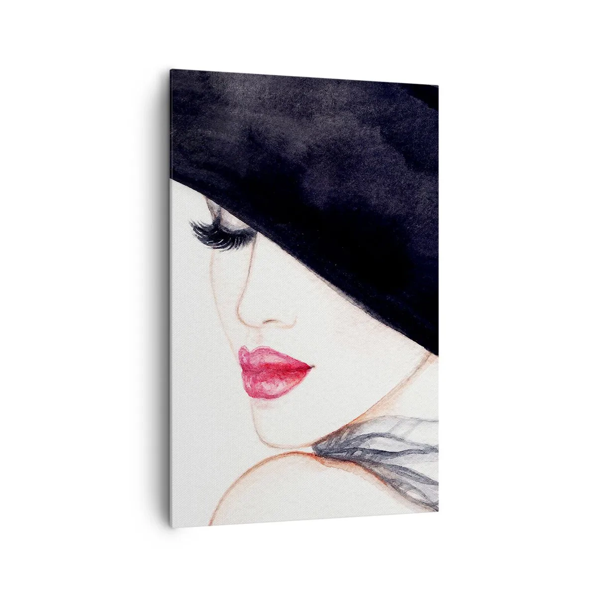 Bild auf Leinwand - Leinwandbild - Eine subtile Illustration einer Frau mit schwarzem Hut und roten Lippen - 80x120cm - Eleganz und Sinnlichkeit - Moderne Wanddekoration für Wohnzimmer und Schlafzimmer ARTTOR