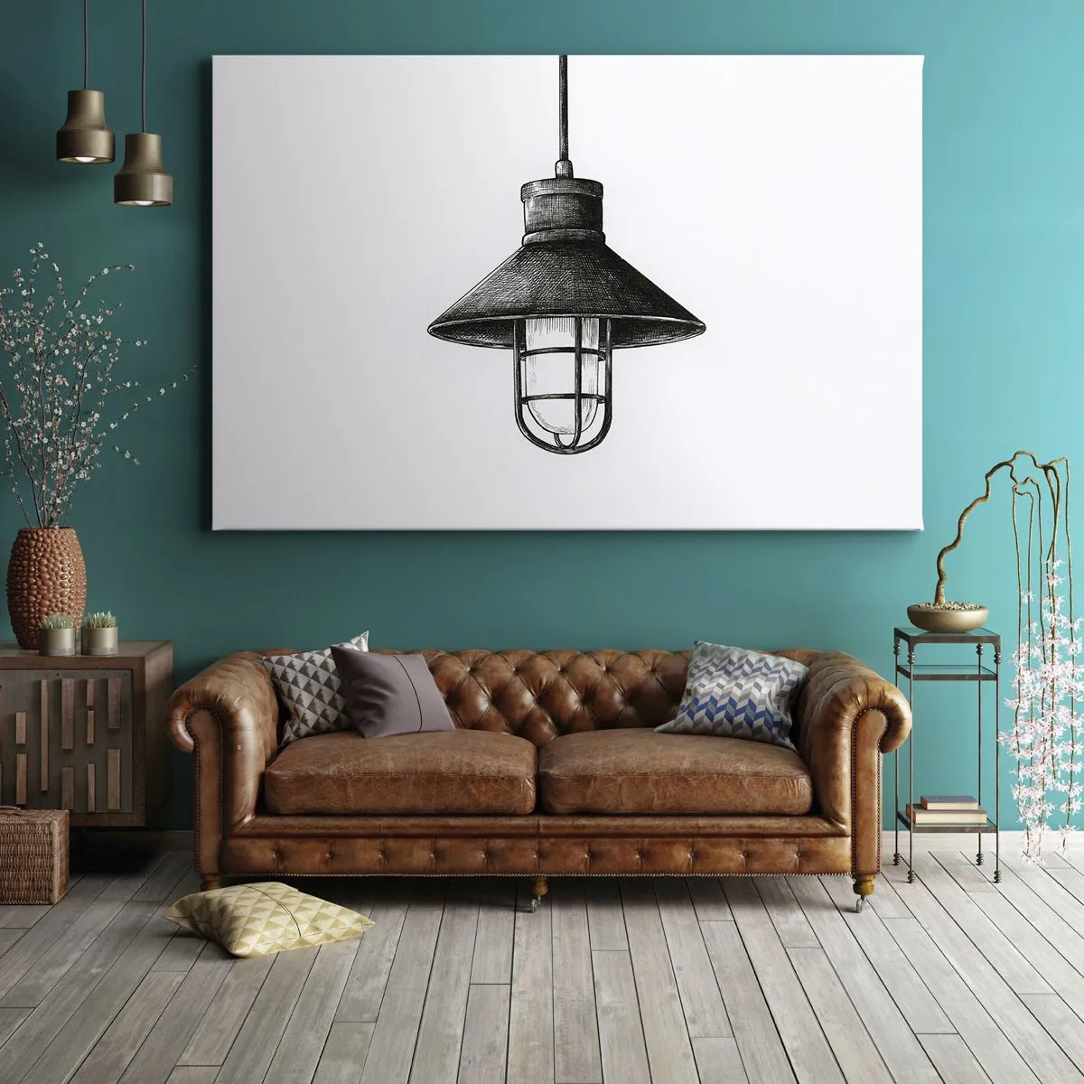 Bild auf Leinwand - Leinwandbild - Zeichnung einer Retro-Hängelampe auf weißem Hintergrund - 70x50cm - Wie vor Jahren… - Moderne Wanddekoration für Wohnzimmer und Schlafzimmer ARTTOR