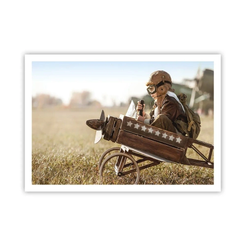 Poster - Ein Kind in einem Spielzeugflugzeug mit einem Feld im Hintergrund - 100x70cm - Start in Richtung eines Traums - Moderne Wanddekoration für Wohnzimmer und Schlafzimmer ARTTOR