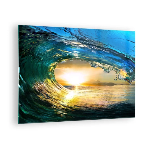 Glasbild - Bild auf glas - Eine Meereswelle, eingefangen im Licht der untergehenden Sonne - 70x50cm - In einem smaragd-goldenen Kristall - Moderne Wanddekoration für Wohnzimmer und Schlafzimmer ARTTOR