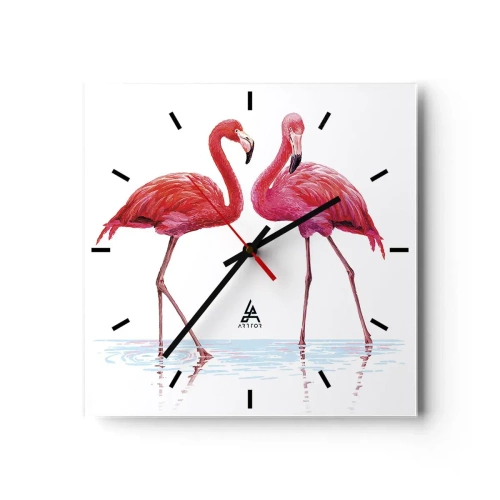 Wanduhr - Glasuhr - Ein Flamingopaar im Wasser vor hellem Hintergrund - 30x30cm - Rosa randez-vous - Moderne Wanddekoration für Wohnzimmer und Schlafzimmer ARTTOR
