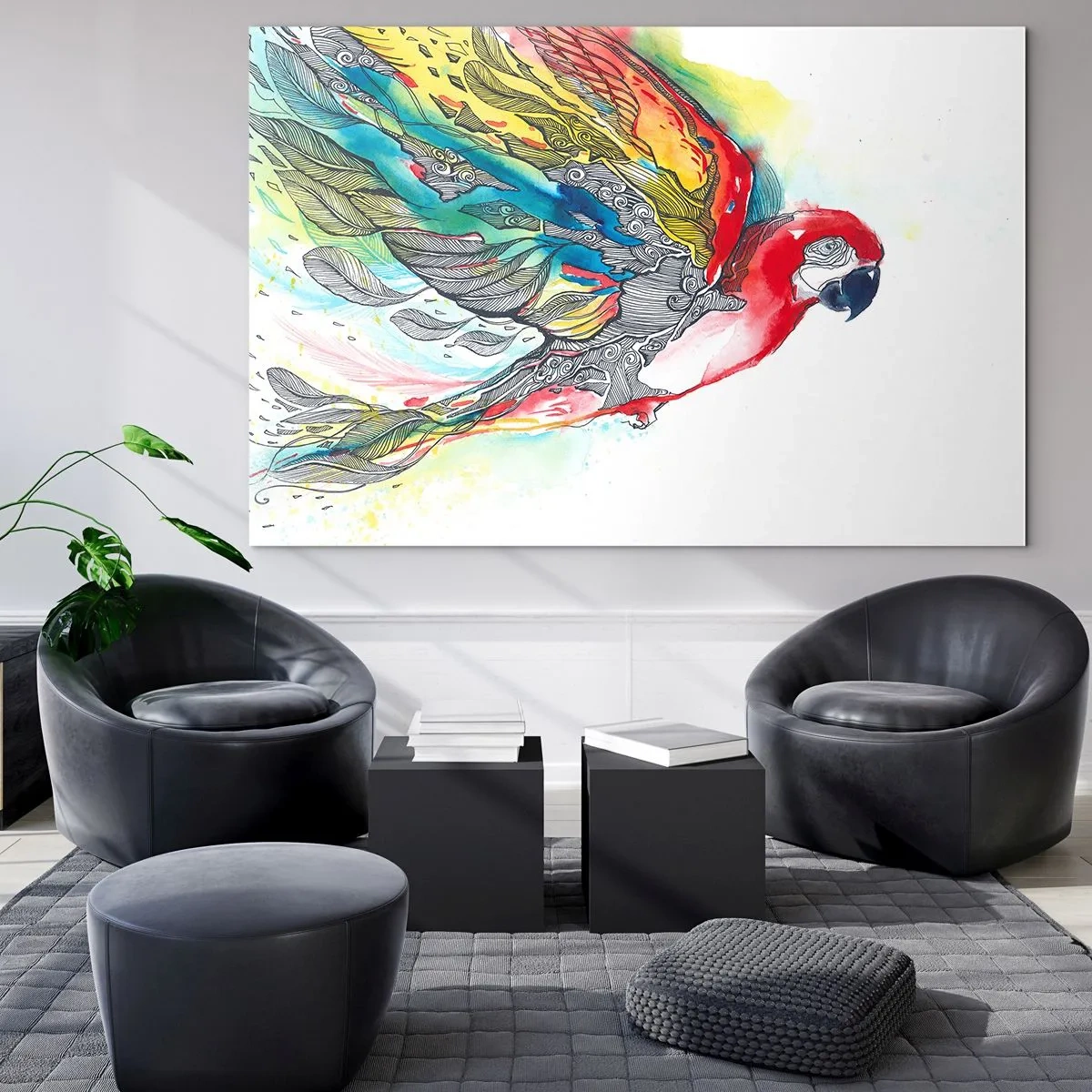 Glasbild - Bild auf glas - Bunter Papagei mit künstlerischen Flügeln und Details - 100x70cm - Leben Sie bunt - Moderne Wanddekoration für Wohnzimmer und Schlafzimmer ARTTOR