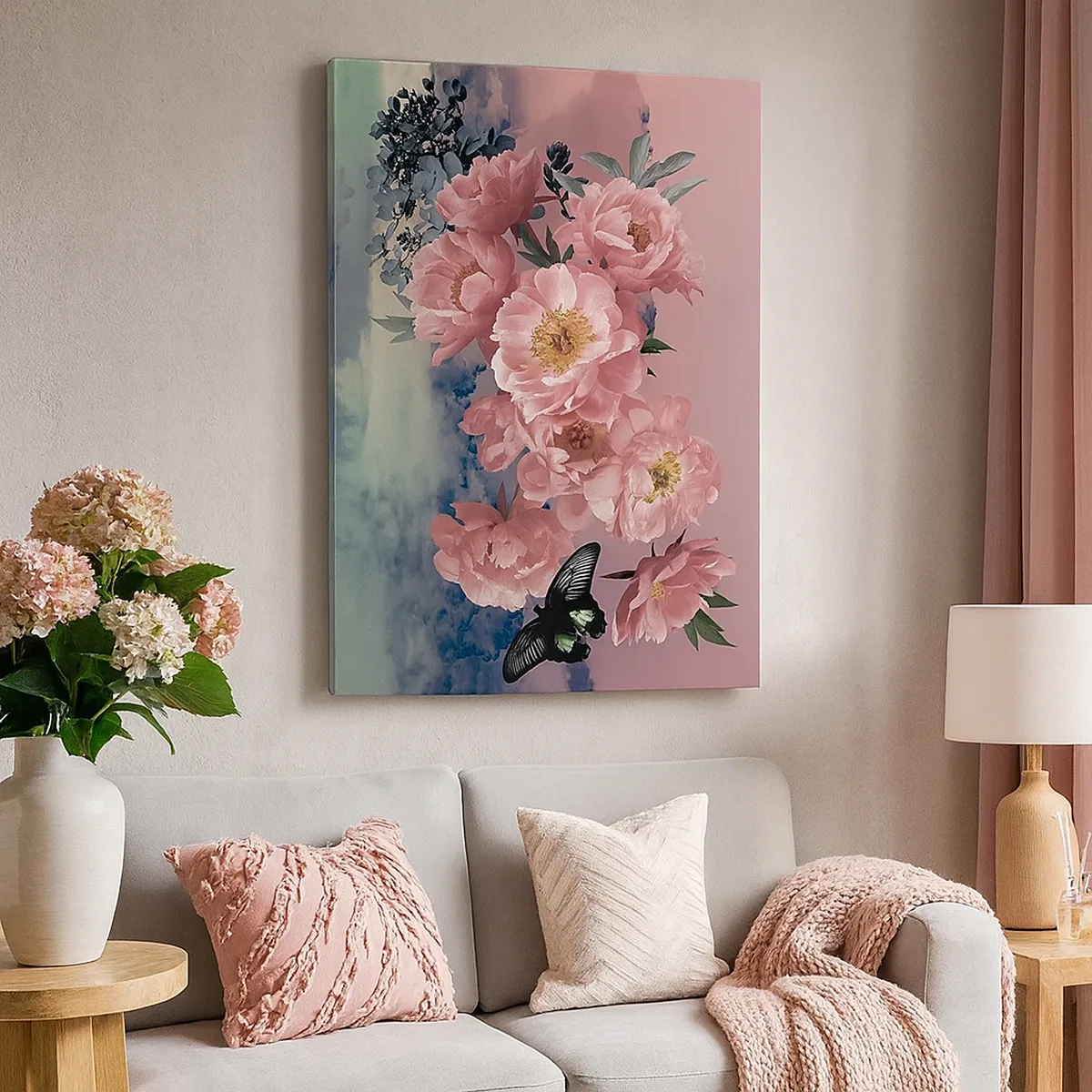 Bild auf Leinwand - Leinwandbild - Rosa Pfingstrosen mit einem Schmetterling auf pastellfarbenem Hintergrund - 50x70cm - Der Höhepunkt der Romantik - Moderne Wanddekoration für Wohnzimmer und Schlafzimmer ARTTOR