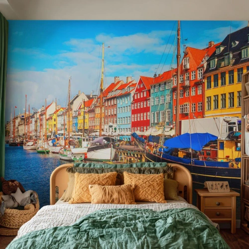 Selbstklebende Fototapete Deluxe Sticker - Fröhlicher Kai - Kopenhagen, Alte Stadt, Die Architektur - 100x70 cm