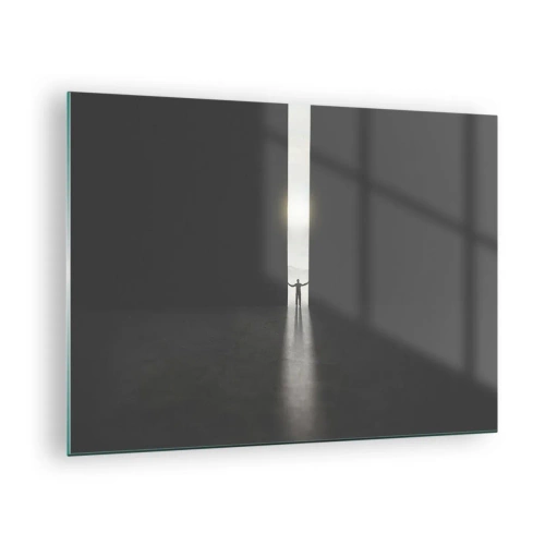 Glasbild - Bild auf glas - Silhouette eines Mannes, der eine Tür zu einem hellen Licht öffnet - 70x50cm - Ein Schritt in eine strahlende Zukunft - Moderne Wanddekoration für Wohnzimmer und Schlafzimmer ARTTOR