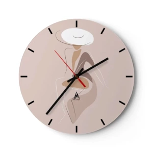 Wanduhr - Glasuhr - Abstrakte Silhouette einer Frau mit Hut auf beigem Hintergrund - 30x30cm - Eine Dame sein - Moderne Wanddekoration für Wohnzimmer, Küche und Schlafzimmer ARTTOR