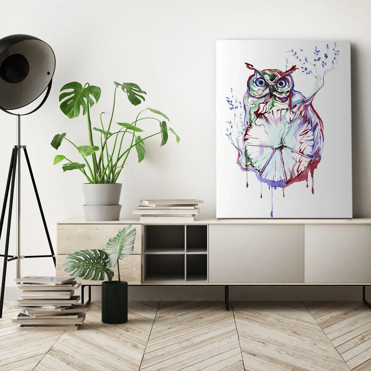 Bild auf Leinwand - Leinwandbild - Bunte Aquarell-Eule im künstlerischen Stil - 80x120cm - Von Natur aus klug - Moderne Wanddekoration für Wohnzimmer und Schlafzimmer ARTTOR