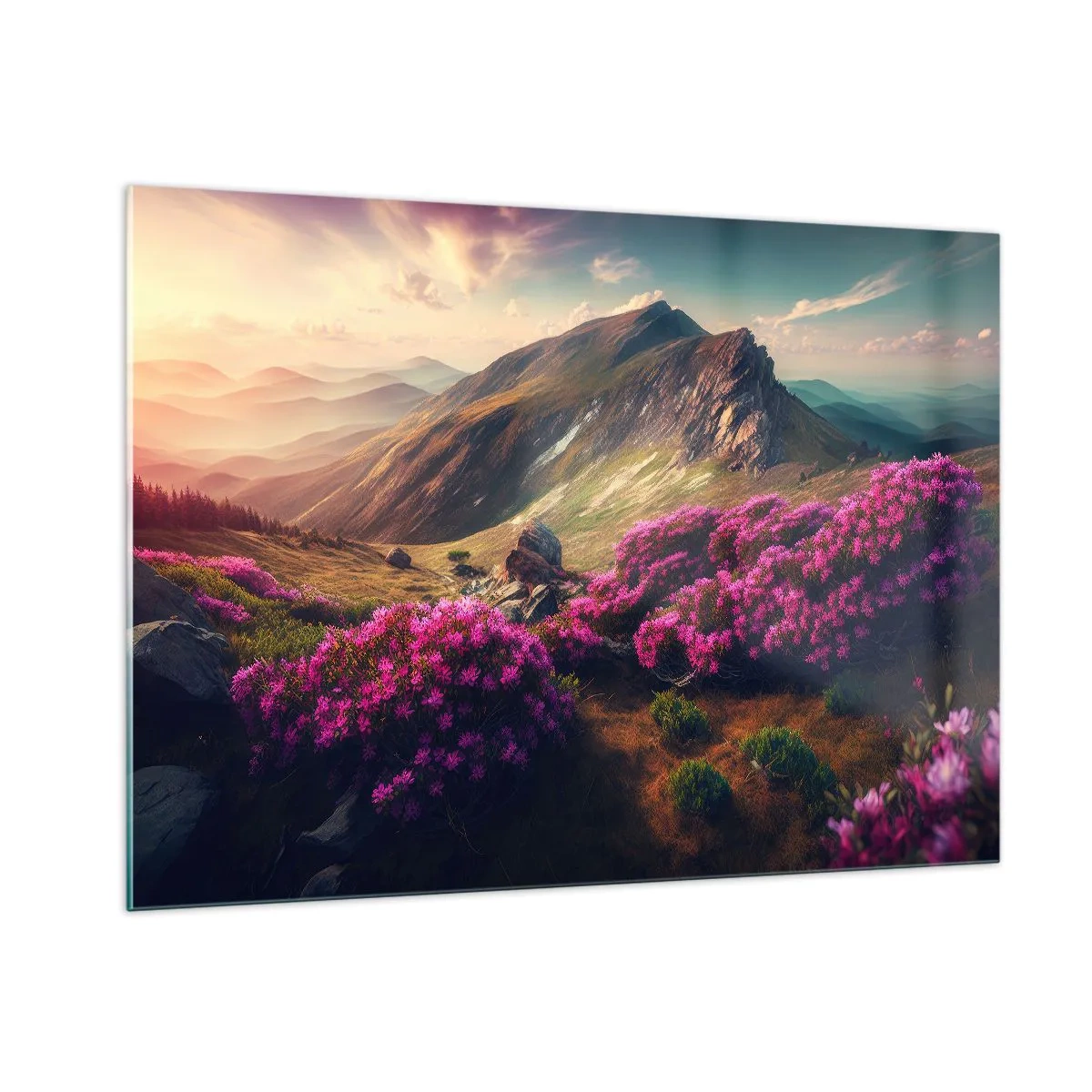 Glasbild - Bild auf glas - Sommerliche Berglandschaft mit blühendem rosa Heidekraut - 100x70cm - Sommer in den Bergen - Moderne Wanddekoration für Wohnzimmer und Schlafzimmer ARTTOR