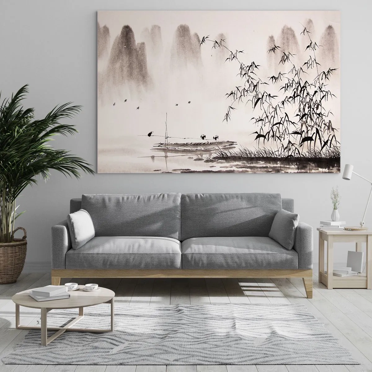 Glasbild - Bild auf glas - Eine minimalistische Szene mit Bambus und einem Boot auf einem See. - 70x50cm - Die Stille der Reisfelder - Moderne Wanddekoration für Wohnzimmer und Schlafzimmer ARTTOR