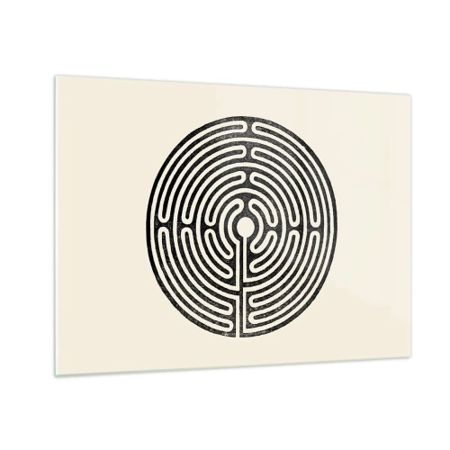 Glasbild - Bild auf glas - Ein schwarz-weißes Labyrinth in kreisförmiger Form auf hellem Hintergrund. - 70x50cm - Geheimnisvolle Ordnung - Moderne Wanddekoration für Wohnzimmer und Schlafzimmer ARTTOR