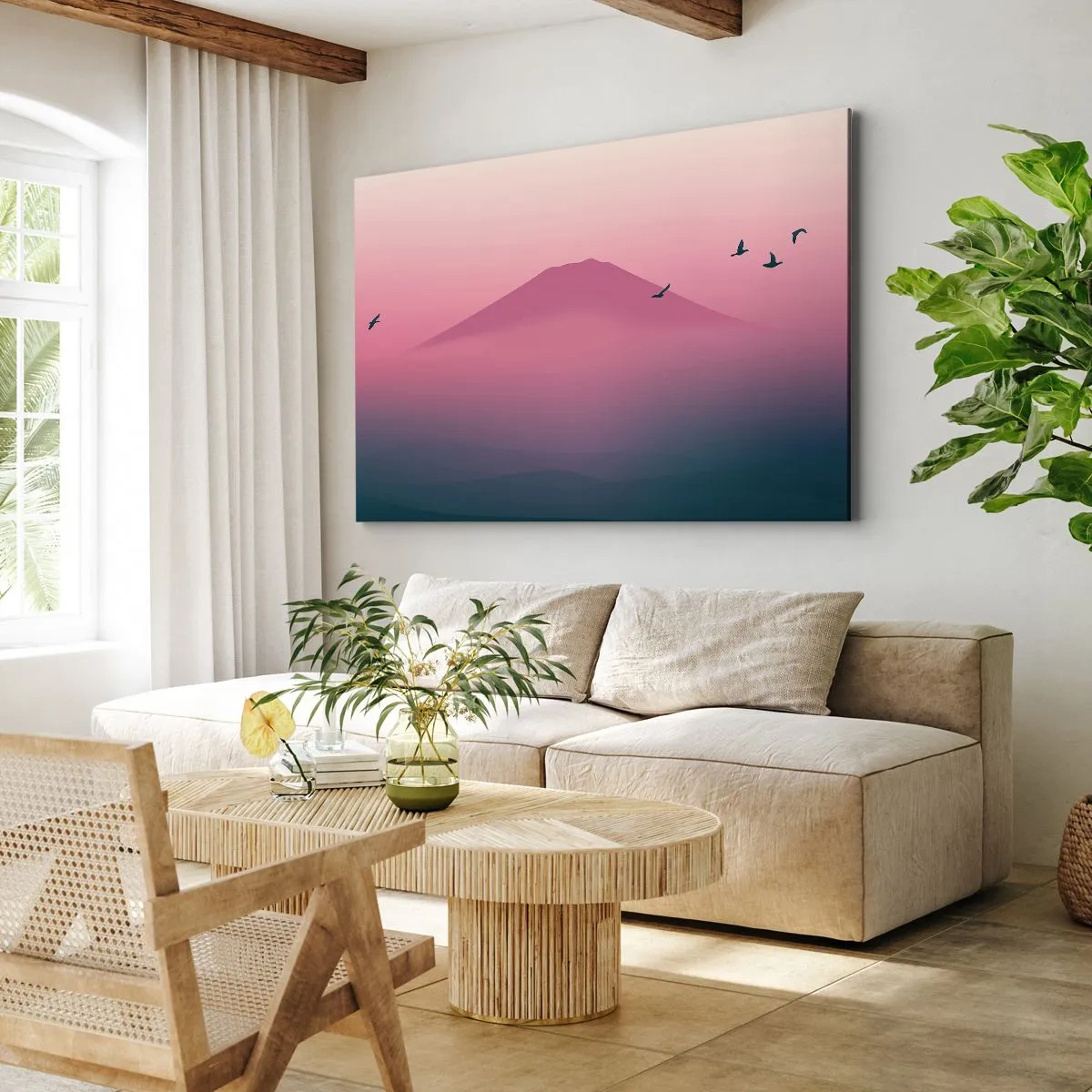 Bild auf Leinwand - Leinwandbild - Eine minimalistische Landschaft mit einem Berg und Vögeln bei Sonnenaufgang - 100x70cm - Wanderer über den Wolken - Moderne Wanddekoration für Wohnzimmer und Schlafzimmer ARTTOR