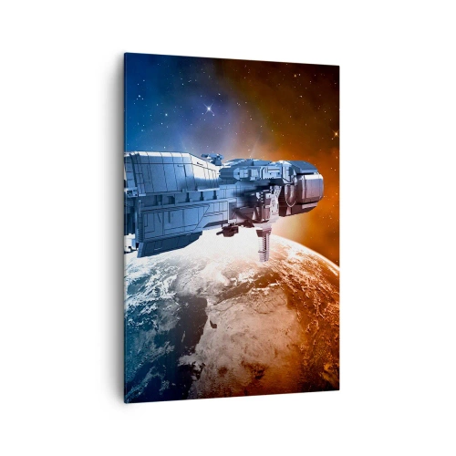 Bild auf Leinwand - Leinwandbild - Ein Raumschiff vor dem Hintergrund eines Planeten im Weltraum - 70x100cm - Ein aufmerksamer Beobachter - Moderne Wanddekoration für Wohnzimmer und Schlafzimmer ARTTOR