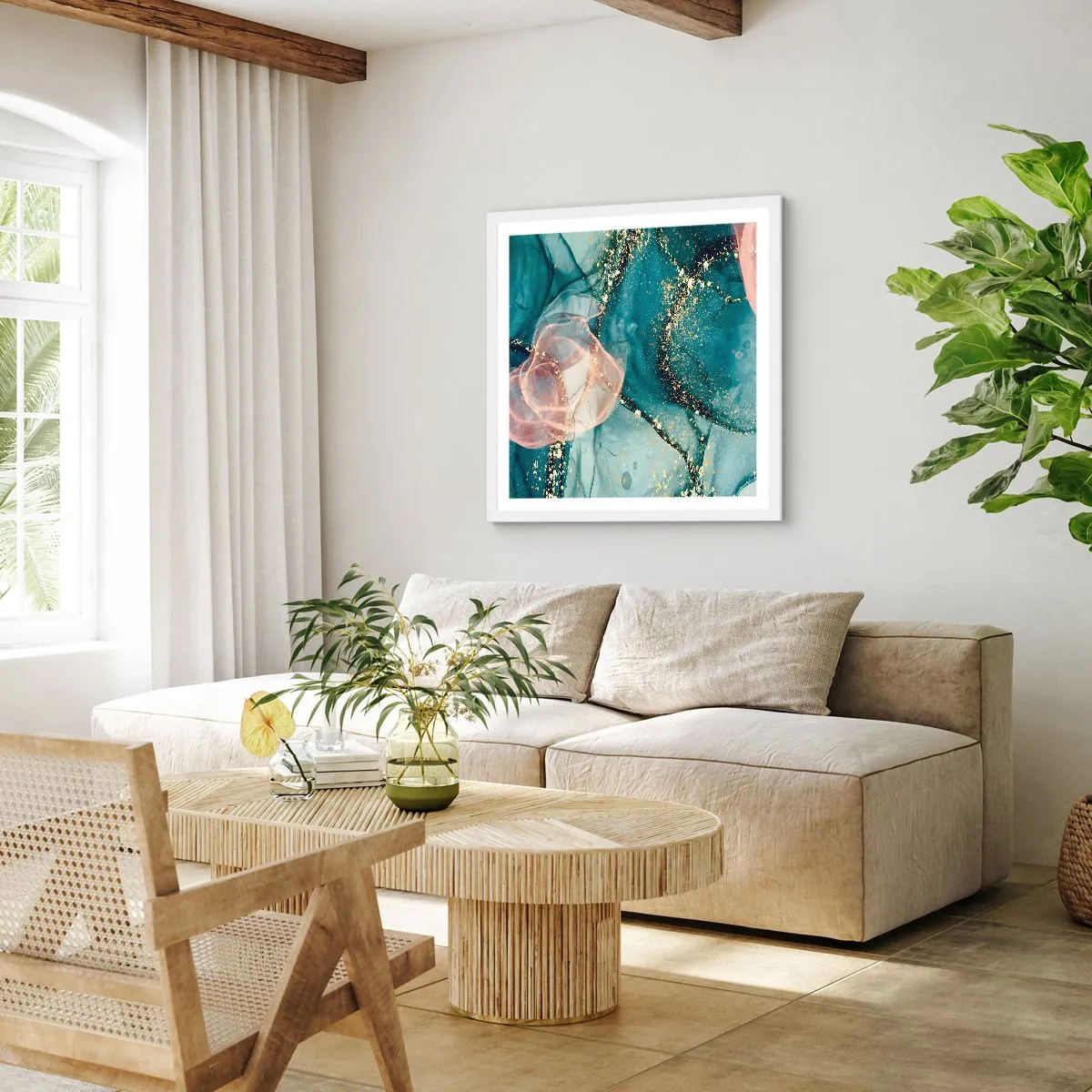 Poster in einem weißen Rahmen - Seidenblau, Tüllrosa - 60x60 cm