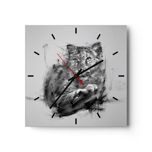 Wanduhr - Glasuhr - Schwarz-Weiß-Porträt eines Löwen im künstlerischen Stil mit dynamischen Strichen. - 30x30cm - Ja, ich höre aufmerksam zu - Moderne Wanddekoration für Wohnzimmer und Schlafzimmer ARTTOR