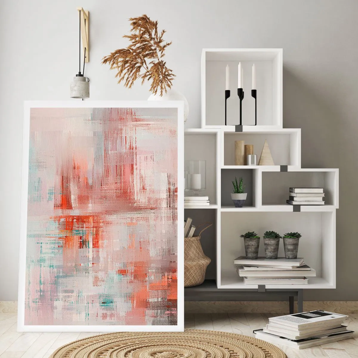 Poster - Abstrakte Komposition in Rot- und Blautönen - 50x70cm - Dunstig. Aber rosa - Moderne Wanddekoration für Wohnzimmer und Schlafzimmer ARTTOR