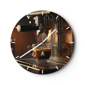 Wanduhr - Glasuhr - Eine Kaffeemaschine gießt Espresso in ein Glas - 30x30cm - Sinnliche Mischung - Moderne Wanddekoration für Wohnzimmer, Küche und Schlafzimmer ARTTOR