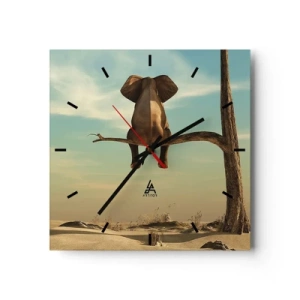 Wanduhr - Glasuhr - Ein Elefant sitzt auf einem Ast und blickt auf eine Wüstenlandschaft - 30x30cm - Neuer Blickwinkel - Moderne Wanddekoration für Wohnzimmer und Schlafzimmer ARTTOR