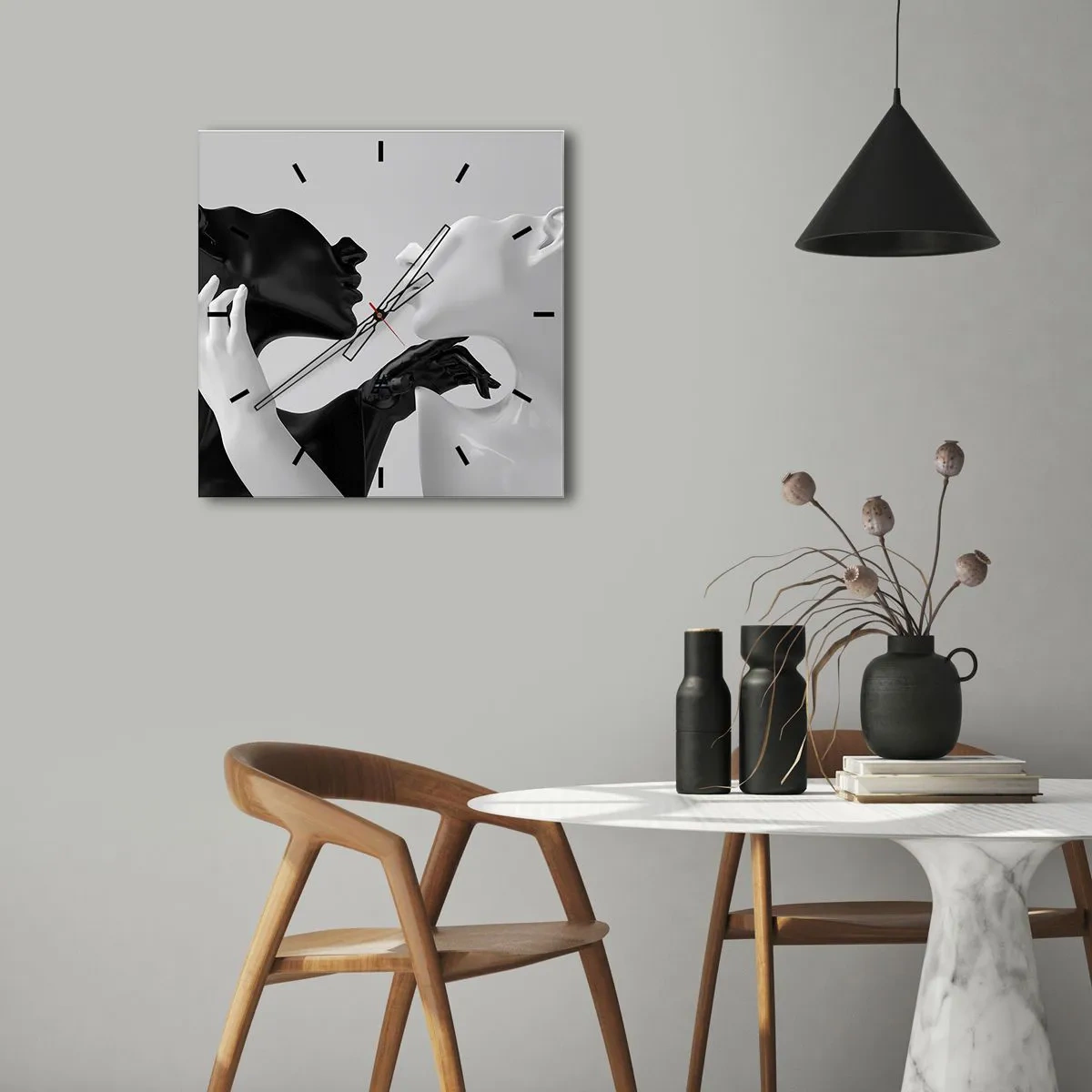 Wanduhr - Glasuhr - Schwarz-weiße Silhouetten in dynamischer Nahaufnahme - 30x30cm - Anziehung - Begierde - Moderne Wanddekoration für Wohnzimmer und Schlafzimmer ARTTOR