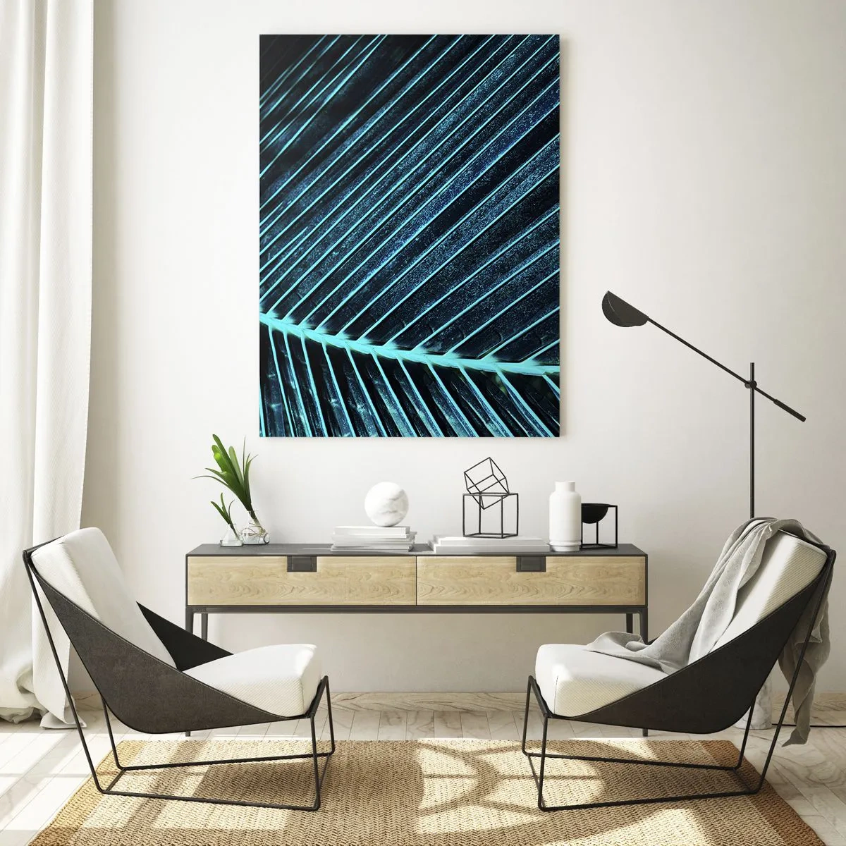 Glasbild - Bild auf glas - Makrofotografie eines Palmblattes in Türkistönen - 50x70cm - Grüne Textur - Moderne Wanddekoration für Wohnzimmer und Schlafzimmer ARTTOR