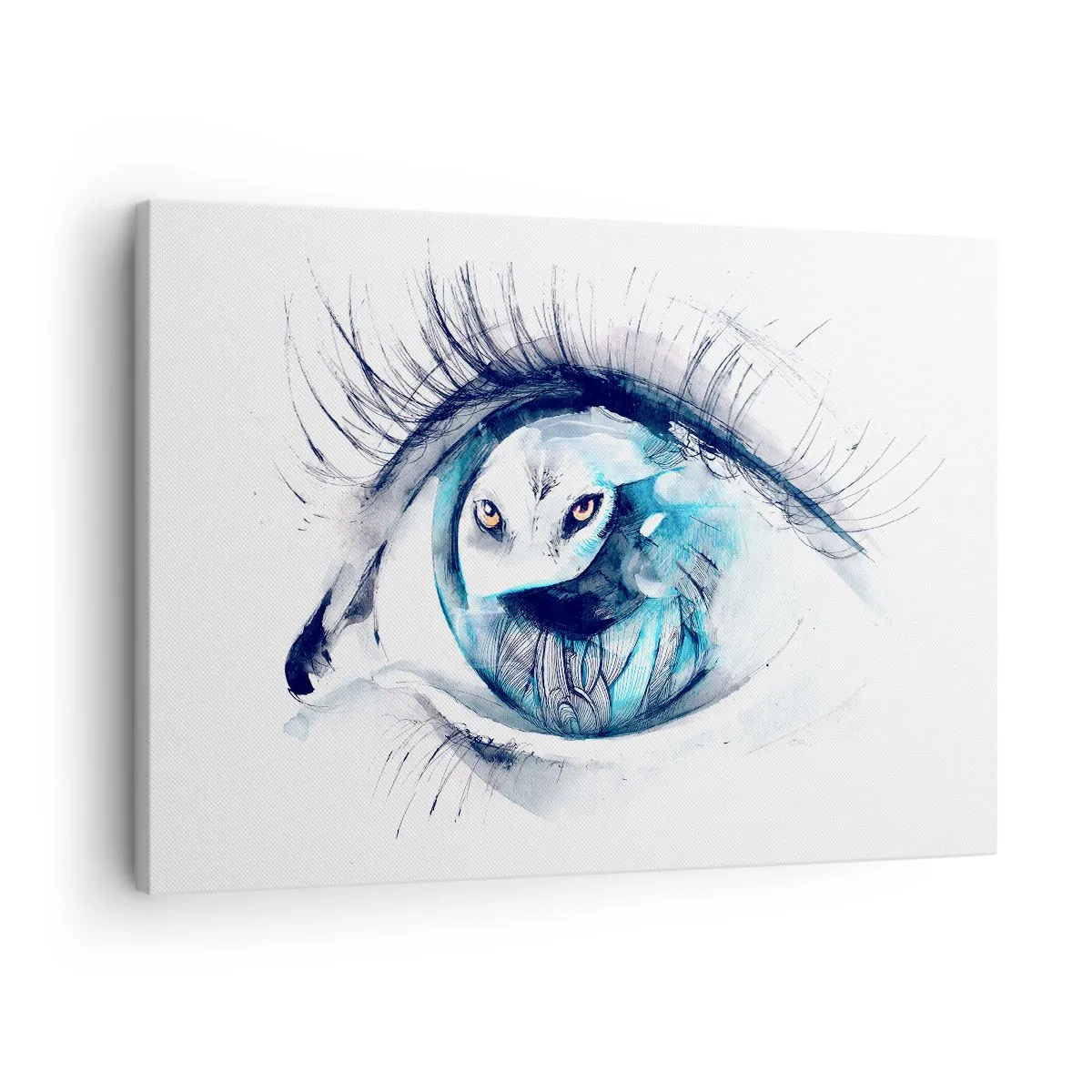 Bild auf Leinwand - Leinwandbild - Ein Auge mit dem Bild einer Eule in Aquarell-Blautönen - 70x50cm - Auge in Auge mit Wildheit - Moderne Wanddekoration für Wohnzimmer und Schlafzimmer ARTTOR