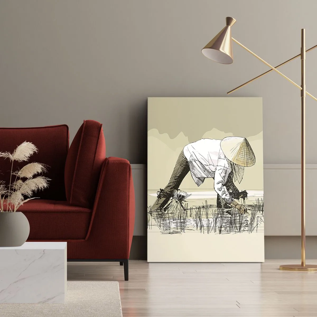 Bild auf Leinwand - Leinwandbild - Bauern bei der Arbeit auf einem Reisfeld mit traditioneller Kopfbedeckung - 50x70cm - Erfolgreiche Ernte - Moderne Wanddekoration für Wohnzimmer und Schlafzimmer ARTTOR
