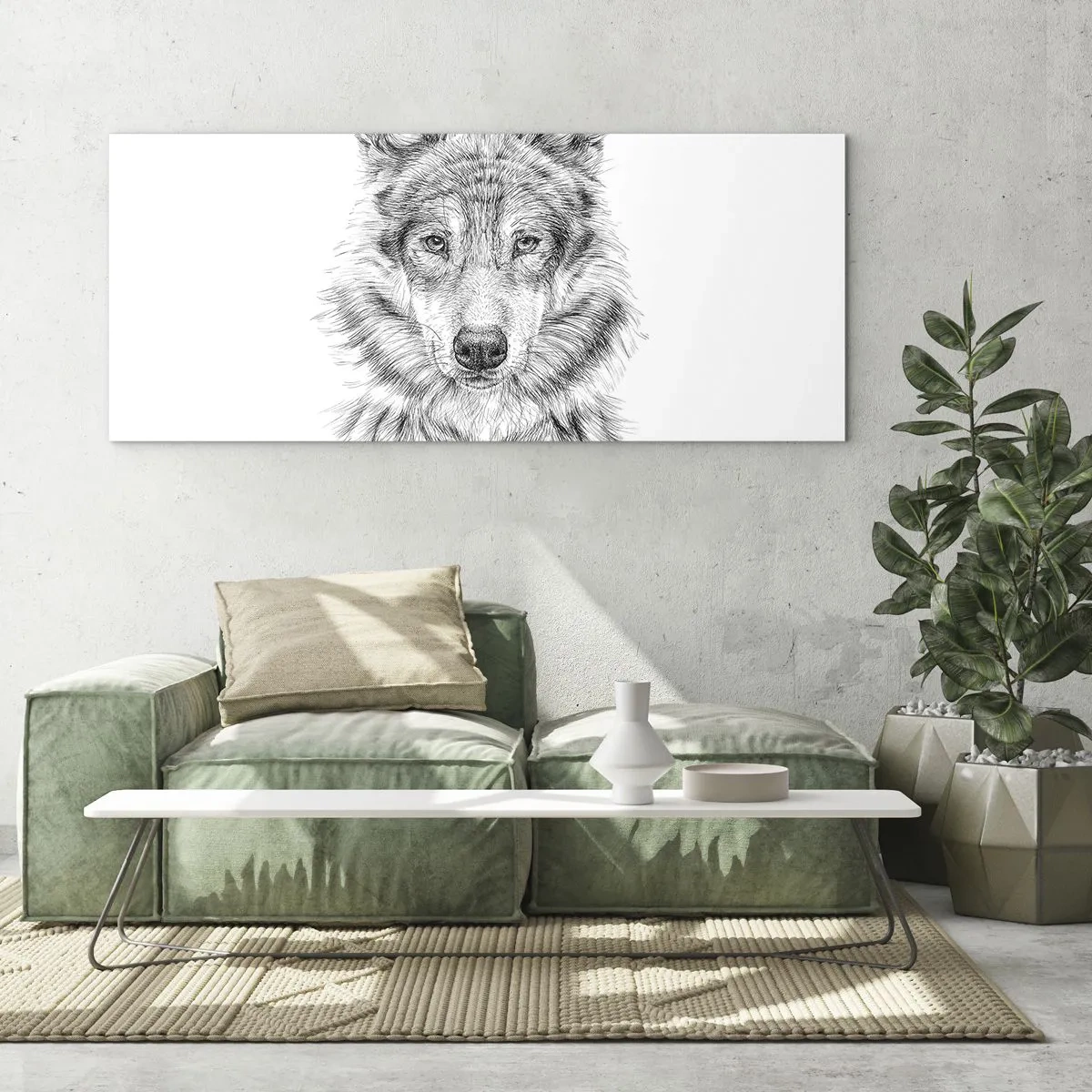 Glasbild - Bild auf glas - Skizze eines Wolfskopfes im monochromen Stil auf weißem Hintergrund - 140x50cm - Ein geborener Anführer - Moderne Wanddekoration für Wohnzimmer und Schlafzimmer ARTTOR