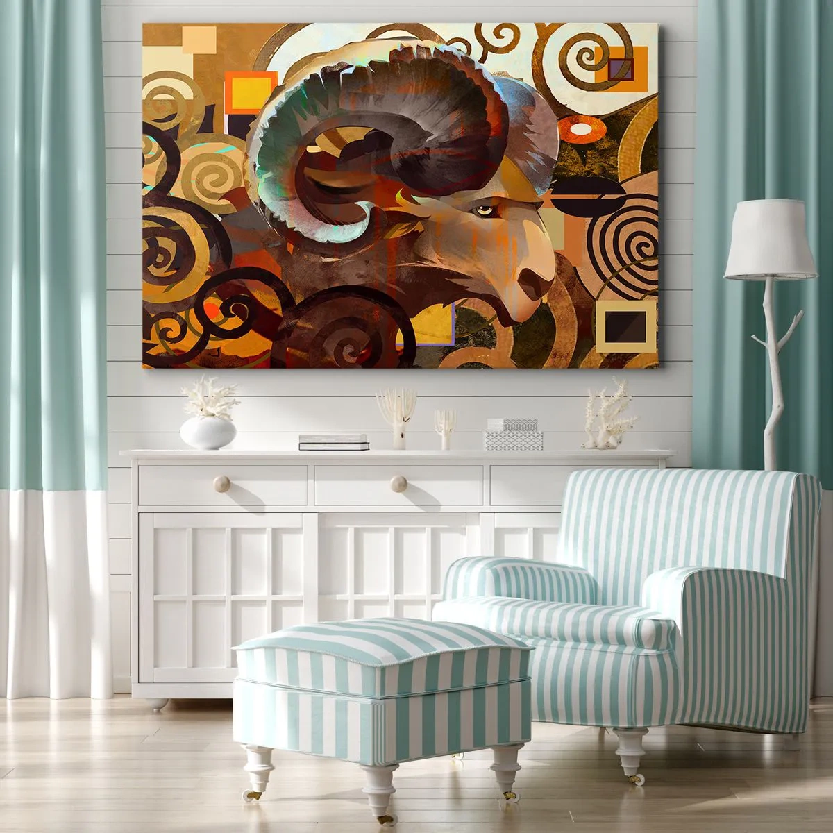 Bild auf Leinwand - Leinwandbild - Ein symbolischer Widder in einer abstrakten Komposition - 70x50cm - Magie - Religionen - Rituale - Moderne Wanddekoration für Wohnzimmer und Schlafzimmer ARTTOR