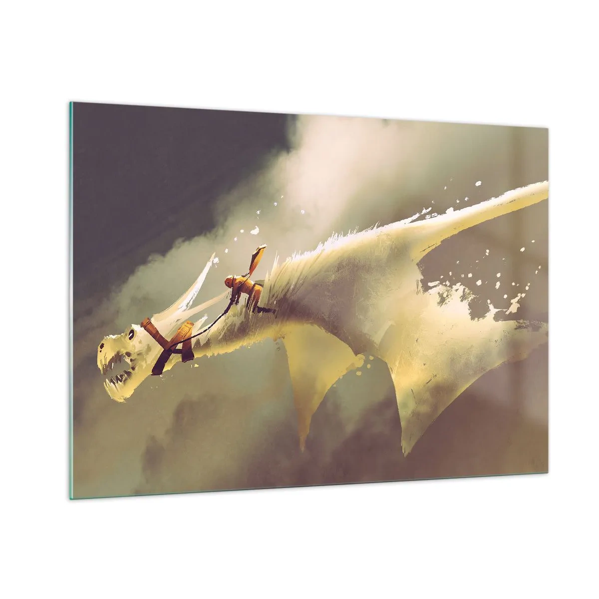 Glasbild - Bild auf glas - Eine Figur auf dem Rücken eines weißen Drachen in einer nebligen Landschaft - 100x70cm - Die Welt zur Rettung - Moderne Wanddekoration für Wohnzimmer und Schlafzimmer ARTTOR