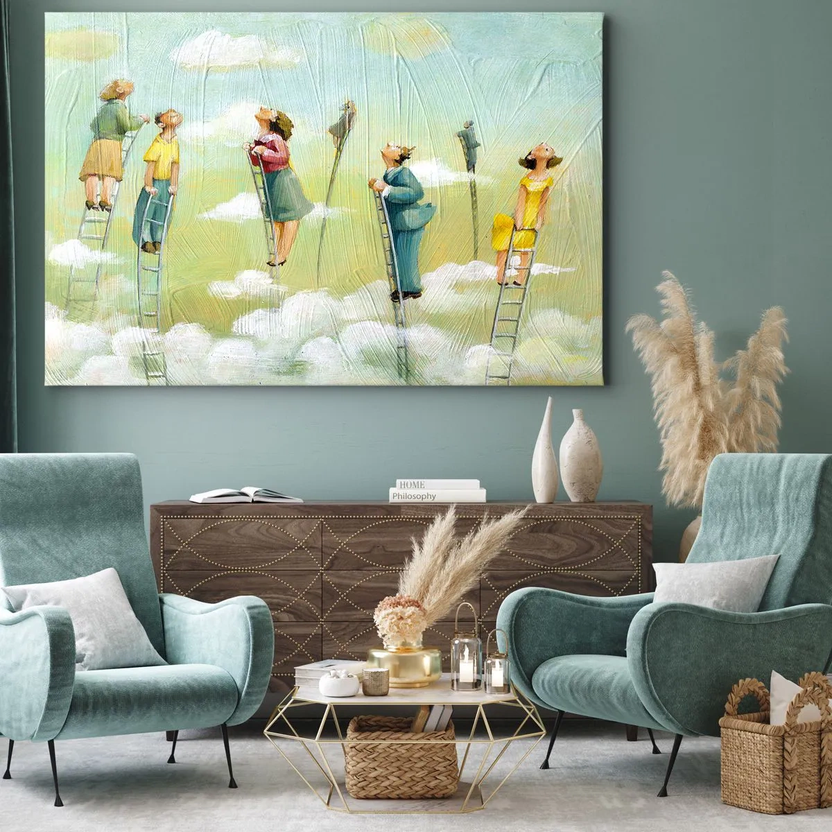 Bild auf Leinwand - Leinwandbild - Figuren, die auf pastellfarbenem Hintergrund zwischen Wolken Leitern hochklettern. - 120x80cm - Hinter deinem Traum - Moderne Wanddekoration für Wohnzimmer und Schlafzimmer ARTTOR