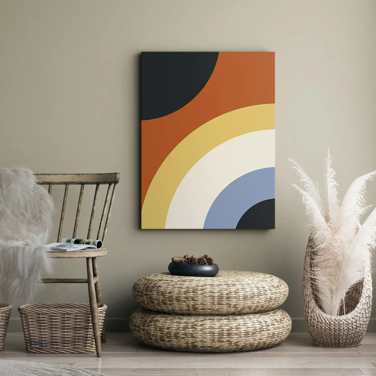 Bild auf Leinwand - Leinwandbild - Abstraktes Kunstwerk mit bunten Bögen und kontrastierenden Kreisen - 70x100cm - Zu mir selbst - Moderne Wanddekoration für Wohnzimmer und Schlafzimmer ARTTOR