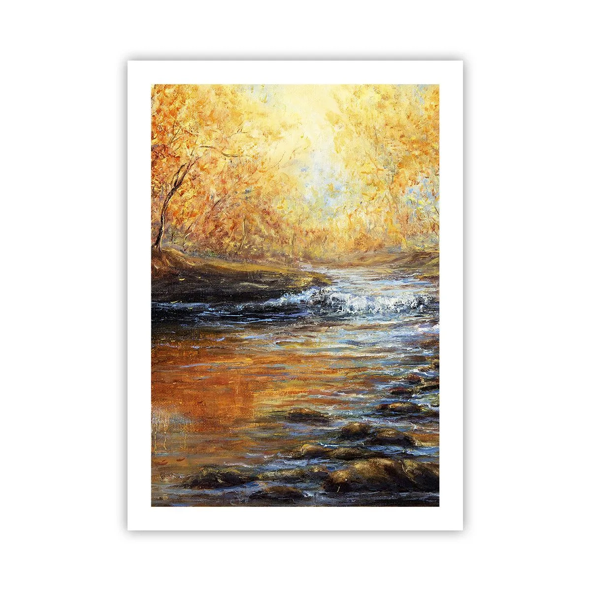 Poster - Ein herbstlicher Bach, umgeben von goldenen Bäumen - 50x70cm - Der goldene Strom - Moderne Wanddekoration für Wohnzimmer und Schlafzimmer ARTTOR