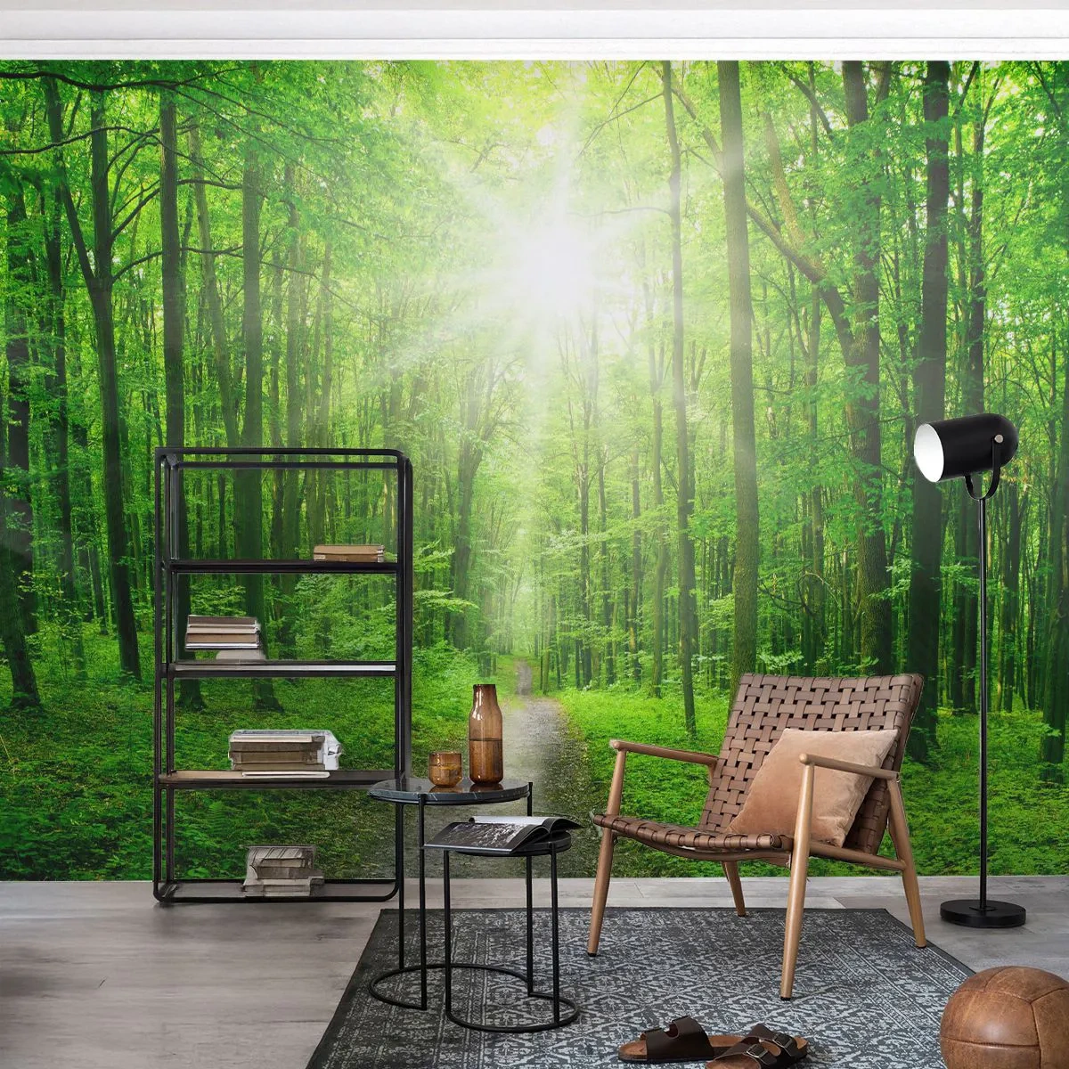 Fototapete Premium Sand - Die grüne Kathedrale - Landschaft, Wald, Sonnenstrahlen - 300x210 cm