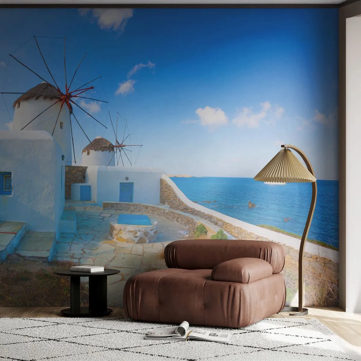 Fototapete Standard Eco - Weiße Windmühlen über einem blauen Meer in einer mediterranen Landschaft - 100x70cm - Der blaue Wind vom Meer - Moderne Wanddekoration für Wohnzimmer und Schlafzimmer ARTTOR