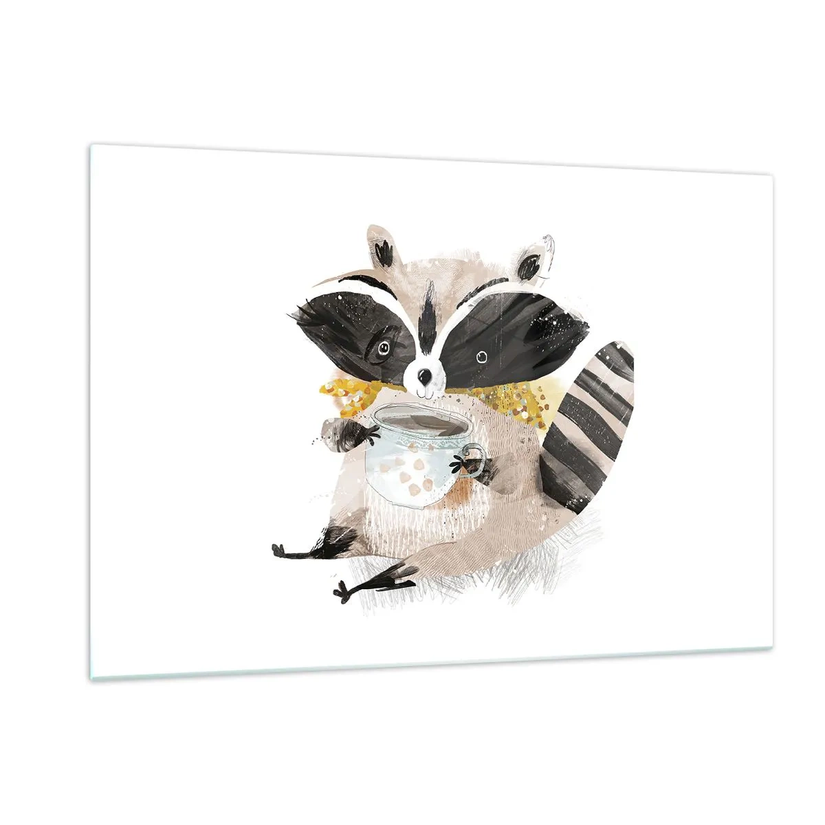 Glasbild - Bild auf glas - Ein süßer Waschbär hält eine Tasse Getränk - 120x80cm - Mein Freund der Waschbär - Moderne Wanddekoration für Wohnzimmer und Schlafzimmer ARTTOR