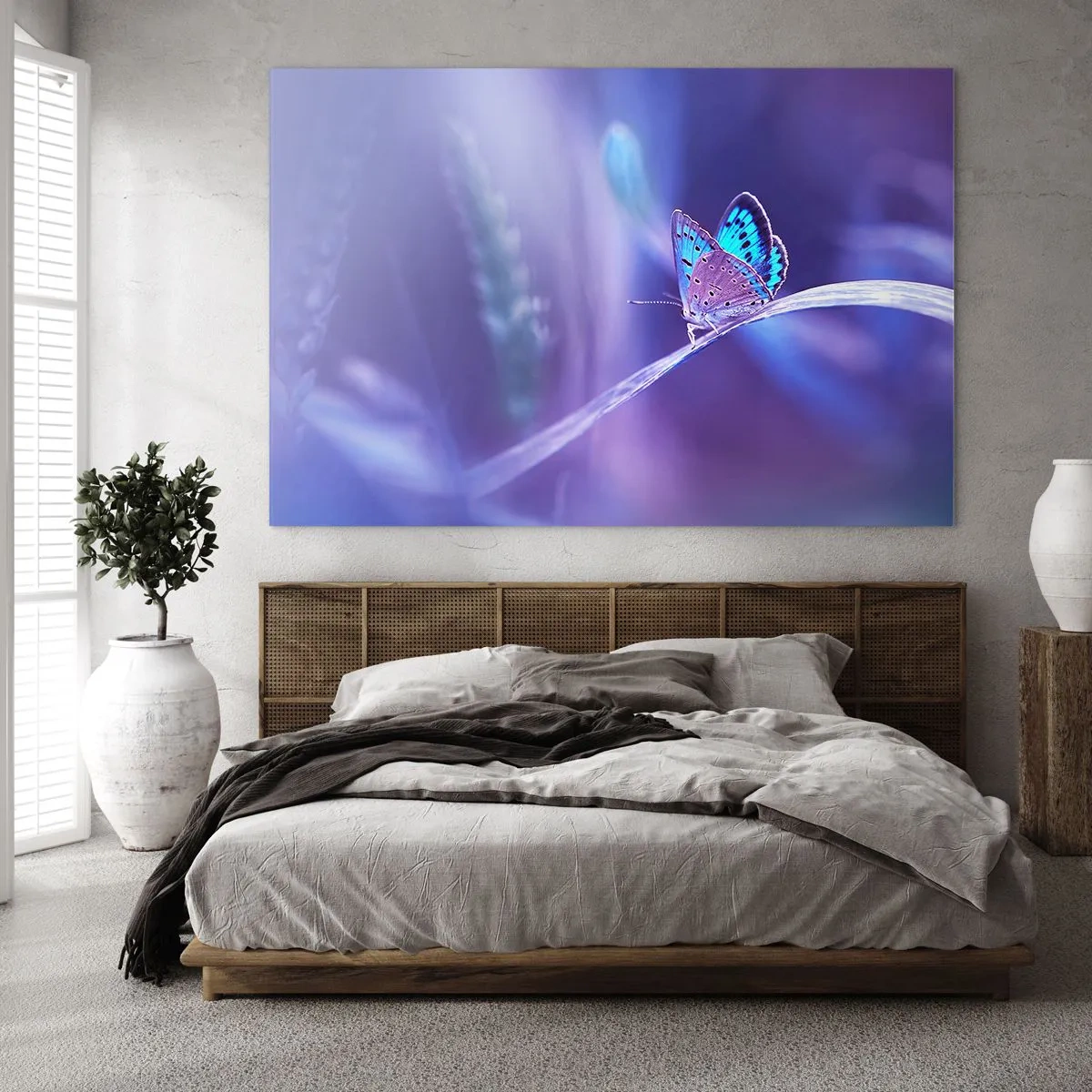 Glasbild - Bild auf glas - Schmetterling vor violettem Lichthintergrund - 70x50cm - Ein Juwel der Natur - Moderne Wanddekoration für Wohnzimmer und Schlafzimmer ARTTOR