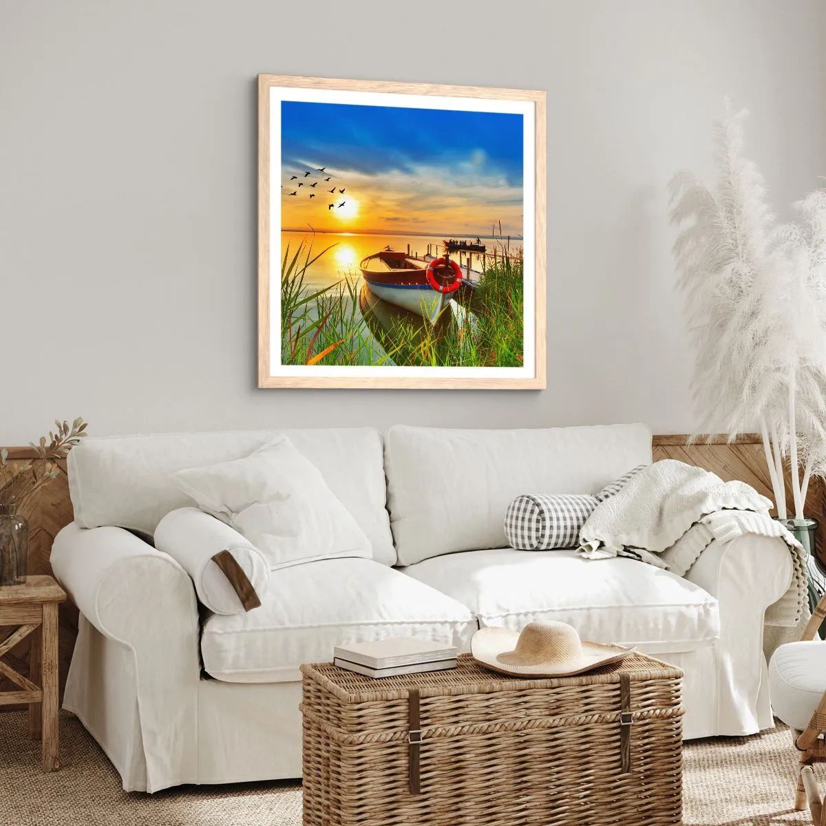 Poster in einem Rahmen aus heller Eiche - Die Kormorane fliegen schon weg - 50x50 cm