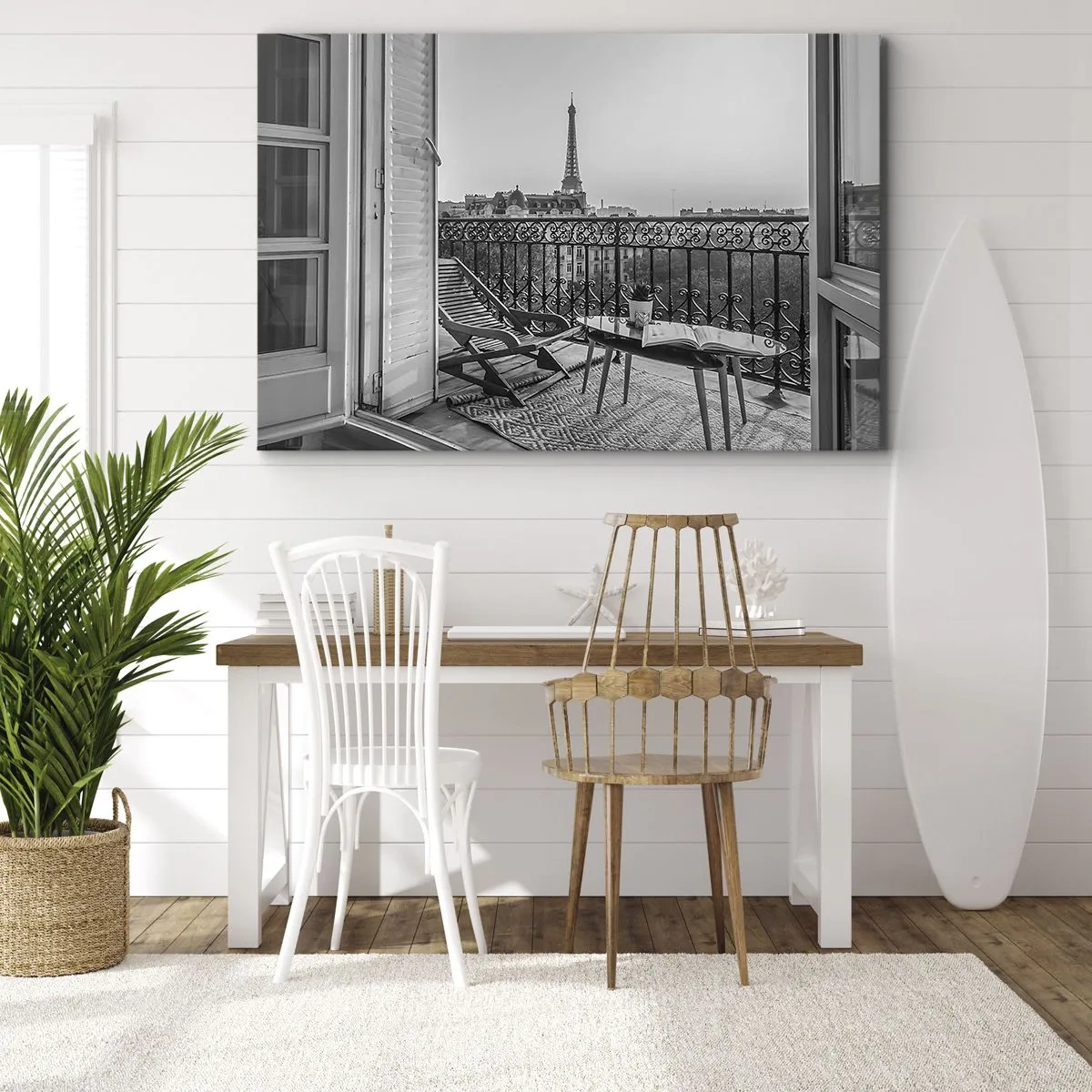 Bild auf Leinwand - Leinwandbild - Blick auf den Eiffelturm vom Balkon mit Liegestühlen und Tisch - 120x80cm - Pariser Nachmittag - Moderne Wanddekoration für Wohnzimmer und Schlafzimmer ARTTOR