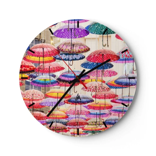Wanduhr - Glasuhr - Bunte Regenschirme hängen über der Straße - 30x30cm - Stadtwiese - Moderne Wanddekoration für Wohnzimmer, Küche und Schlafzimmer ARTTOR