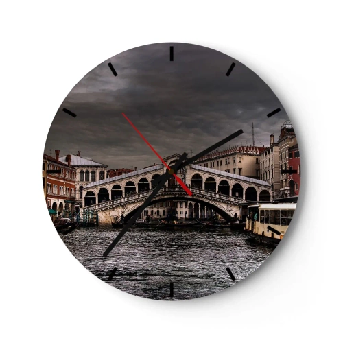 Wanduhr - Glasuhr - Die Rialtobrücke in Venedig unter einem bewölkten Himmel - 30x30cm - Das Versprechen eines venezianischen Abends - Moderne Wanddekoration für Wohnzimmer, Küche und Schlafzimmer ARTTOR