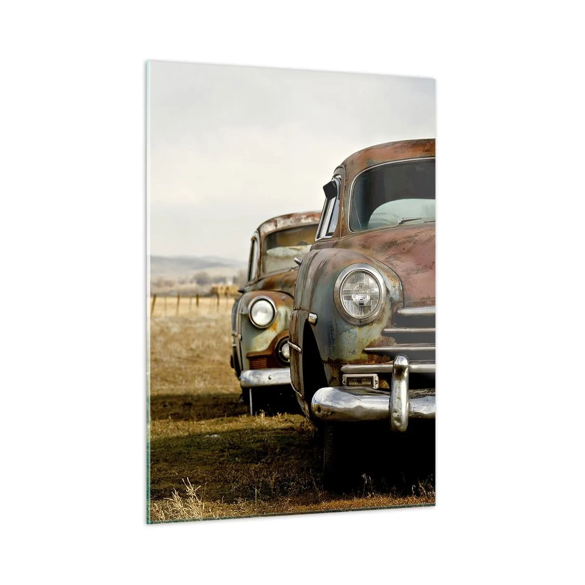 Glasbild - Bild auf glas - Oldtimer auf einer Landstraße - 50x70cm - Eine wohlverdiente Ruhe - Moderne Wanddekoration für Wohnzimmer und Schlafzimmer ARTTOR
