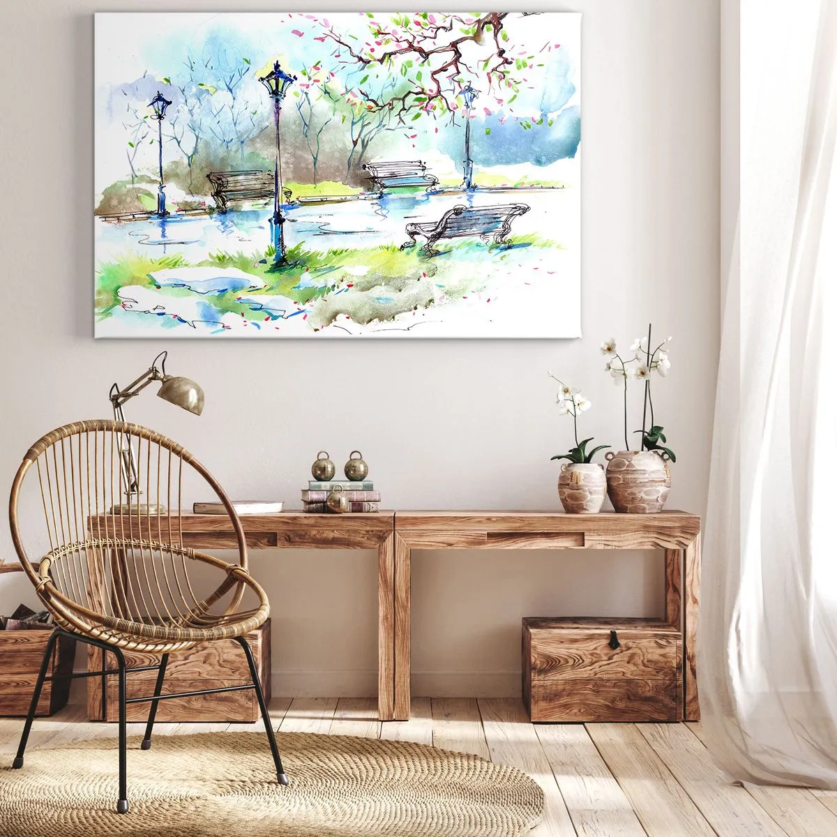 Bild auf Leinwand - Leinwandbild - Aquarell-Parkszene mit Bänken und Lampen - 120x80cm - Der Zauber der Stille des Parks - Moderne Wanddekoration für Wohnzimmer und Schlafzimmer ARTTOR