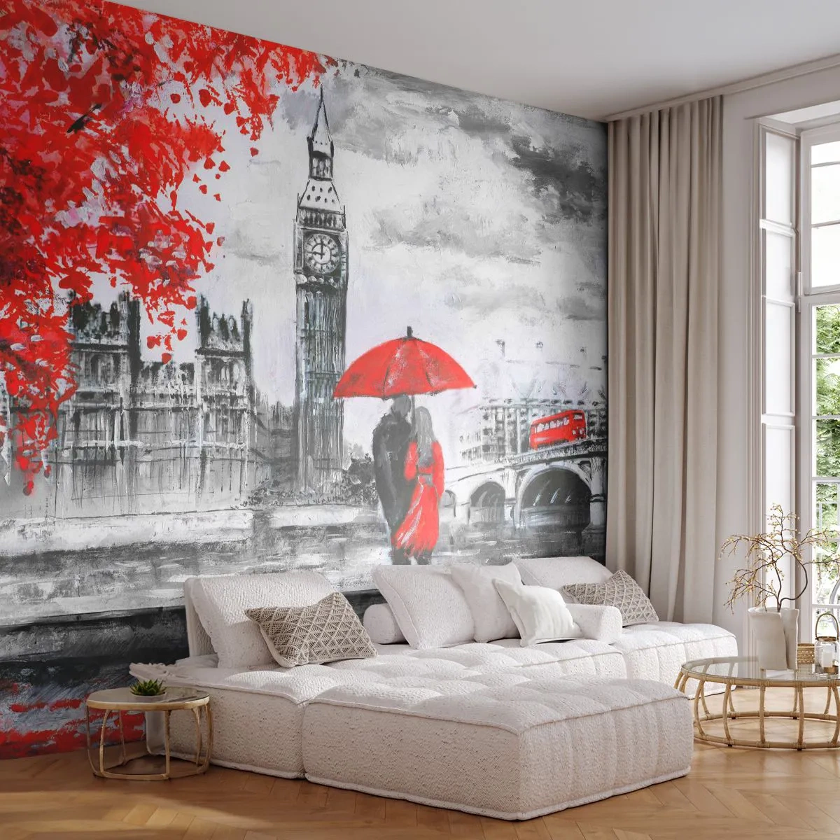 Fototapete Premium Sand - Romantische Szene in London mit Big Ben und einem roten Regenschirm - 100x70cm - Verliebt in London - Moderne Wanddekoration für Wohnzimmer und Schlafzimmer ARTTOR