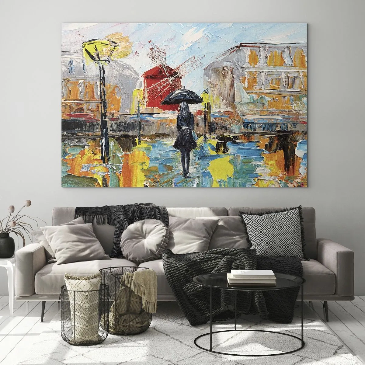 Glasbild - Bild auf glas - Eine Frau mit Regenschirm vor einer Stadtkulisse im Stil des Impressionismus - 100x70cm - Pariser Legenden - Moderne Wanddekoration für Wohnzimmer und Schlafzimmer ARTTOR